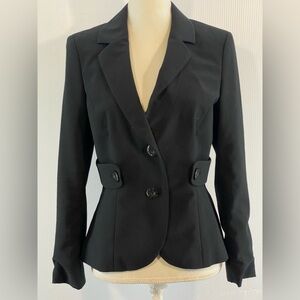EntierBlack Blazer Jacket Women Size 6 Golden Jacquard Lined Embellished Buttons